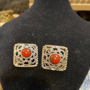 Elegant Silver and Red Square Clip Back Earrings